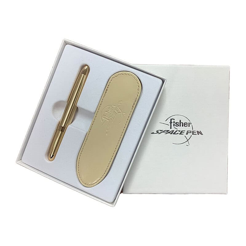 BULLET PEN - GOLD WITH BEIGE LEATHER PEN CASE IN PRESENTATION BOX