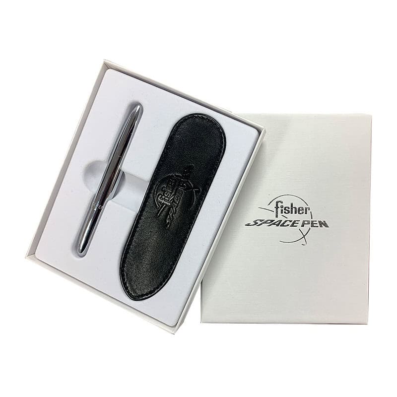 BULLET PEN - CHROME WITH BLACK LEATHER PEN CASE IN PRESENTATION BOX