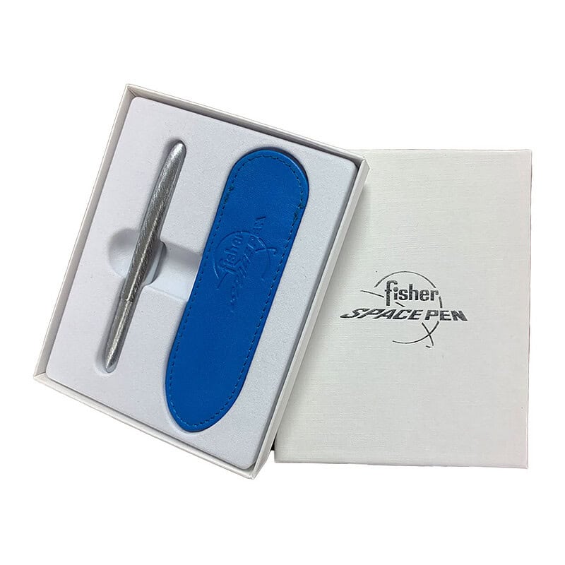 BULLET PEN - BRUSHED CHROME WITH SKY BLUE LEATHER PEN CASE IN PRESENTATION BOX