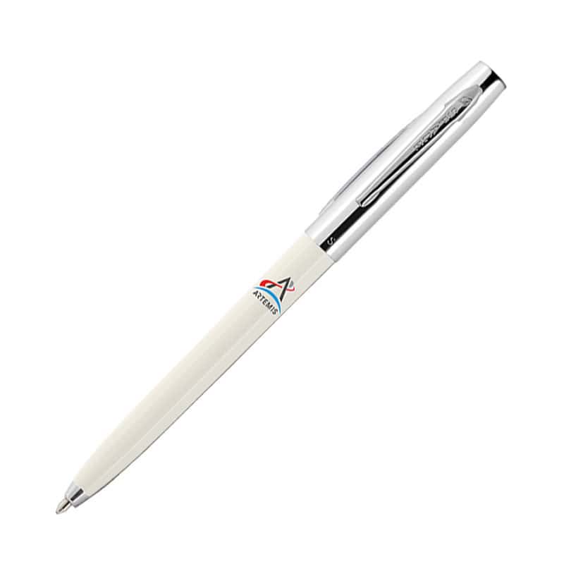 WHITE PLASTIC BARREL, CAP-O-MATIC SPACE PEN WITH CHROME CAP AND MULTICOLOURED PRINTED ARTEMIS LOGO - f775-w-art